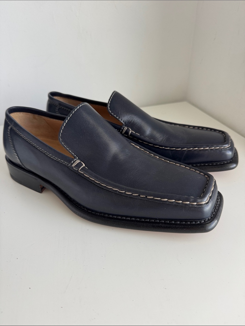 Caporicci Vintage Black Leather Square-Toe Slip-On Loafers